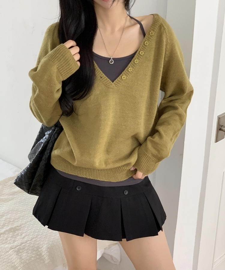 Vネックルーズレイヤードニット(5color) OLIVE