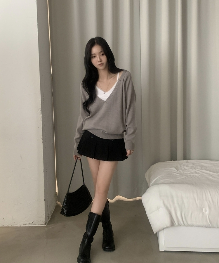 Vネックルーズレイヤードニット(5color) GREY