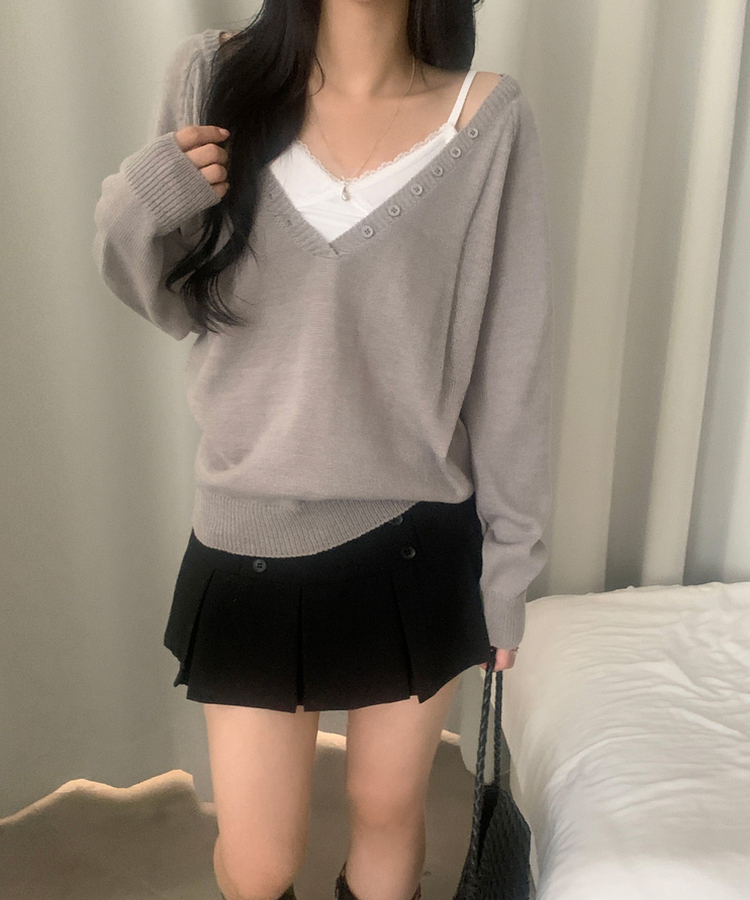 Vネックルーズレイヤードニット(5color) GREY