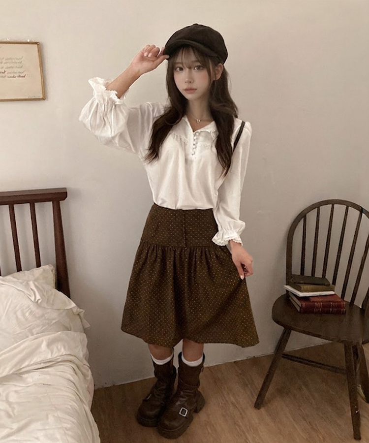 쏘이 레이스 콩단추 플라워 자수 페미닌 레이어드 블라우스 화이트