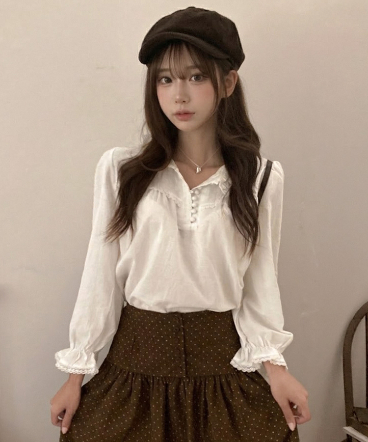 쏘이 레이스 콩단추 플라워 자수 페미닌 레이어드 블라우스 화이트