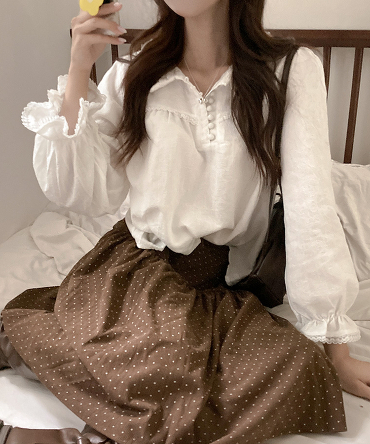 쏘이 레이스 콩단추 플라워 자수 페미닌 레이어드 블라우스 화이트