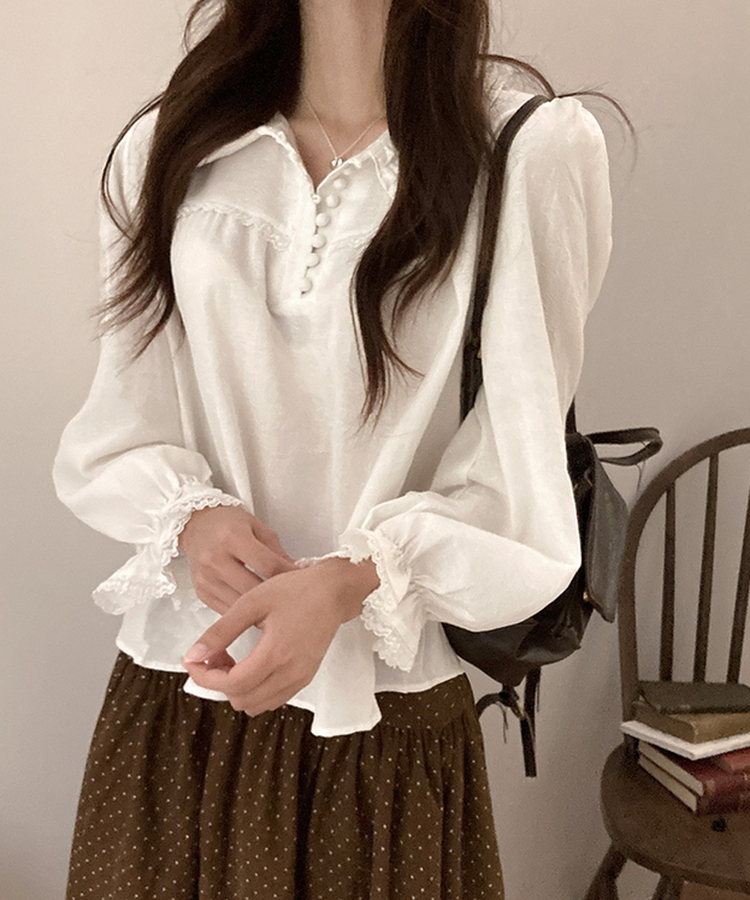 쏘이 레이스 콩단추 플라워 자수 페미닌 레이어드 블라우스 화이트