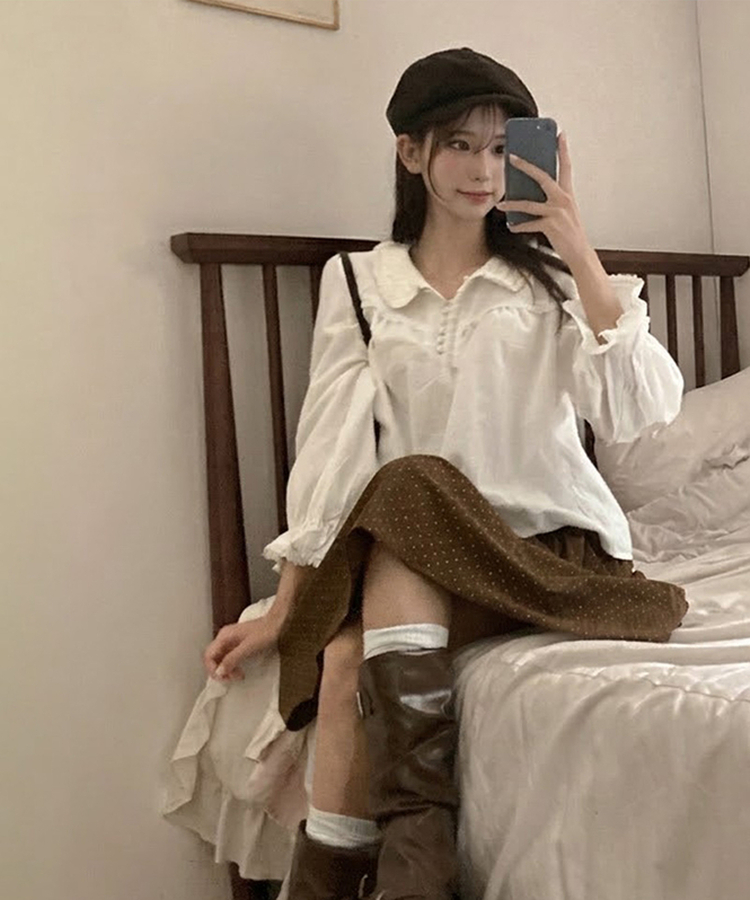 쏘이 레이스 콩단추 플라워 자수 페미닌 레이어드 블라우스 화이트