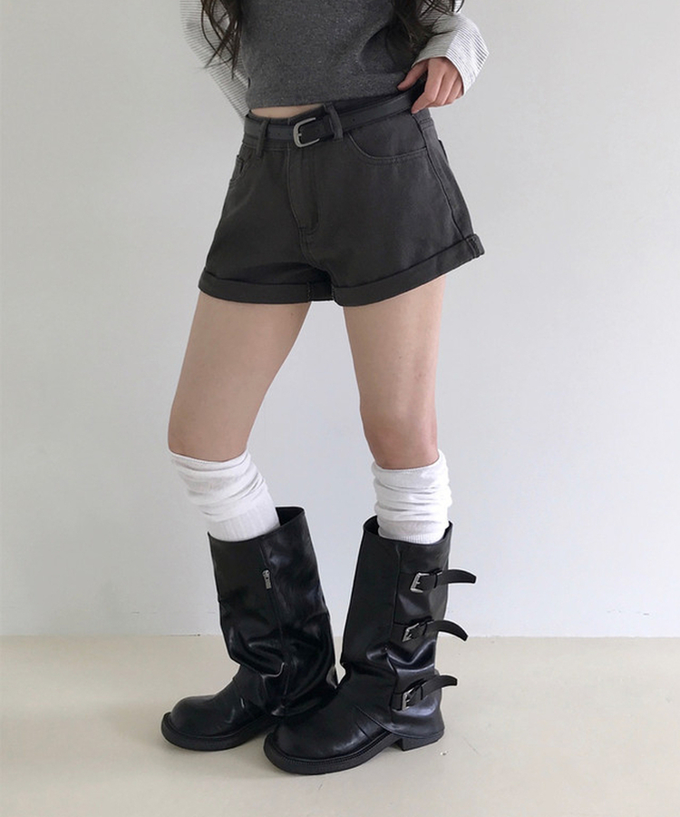 PUTUMAYO　レイヤード風ロールアップショートパンツ　（ブラック） ベルト付き】ロールアップショートパンツ(7color)｜ショートパンツ