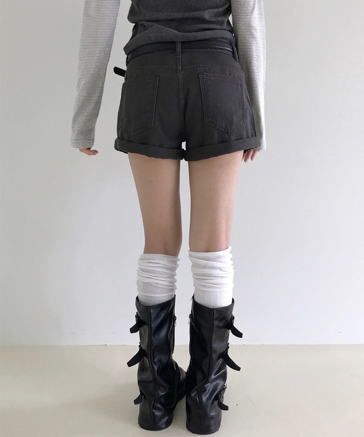 PUTUMAYO　レイヤード風ロールアップショートパンツ　（ブラック） ベルト付き】ロールアップショートパンツ(7color)｜ショートパンツ