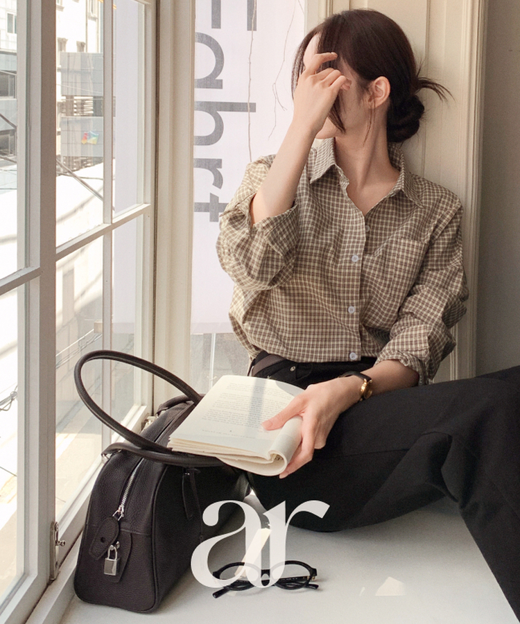 （さりげないチェックパターン♥）小柄チェック ルーズフィット シャツ BROWN