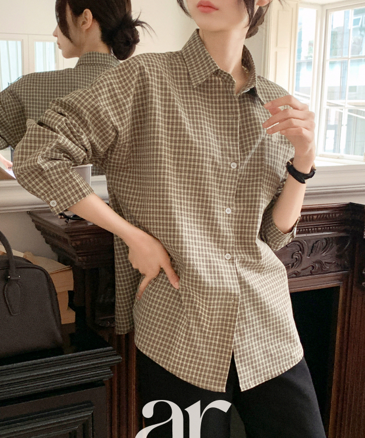 （さりげないチェックパターン♥）小柄チェック ルーズフィット シャツ BROWN