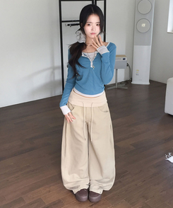 키빌 폴딩 밴딩 사이드핀턱 와이드 코튼 팬츠 베이지