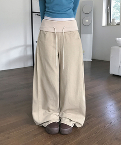 키빌 폴딩 밴딩 사이드핀턱 와이드 코튼 팬츠 베이지