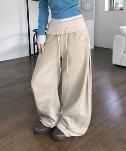 키빌 폴딩 밴딩 사이드핀턱 와이드 코튼 팬츠 베이지