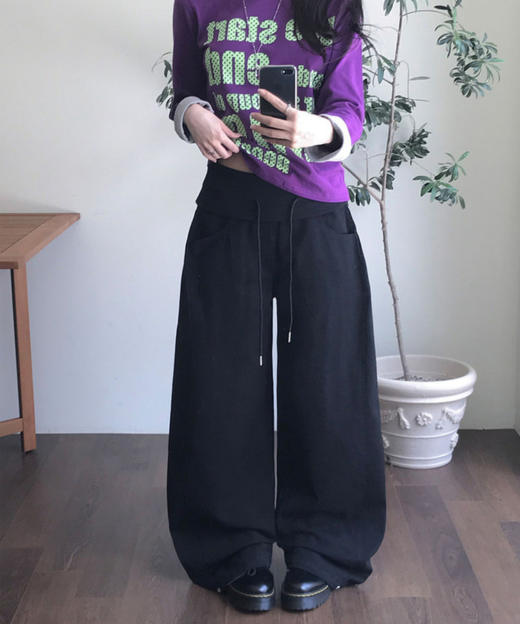 키빌 폴딩 밴딩 사이드핀턱 와이드 코튼 팬츠 블랙