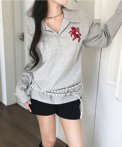 위젯 홀스 로고 자수 오버핏 카라 PK 긴팔 티셔츠 그레이