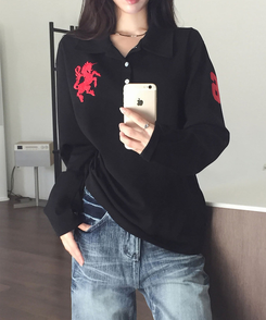위젯 홀스 로고 자수 오버핏 카라 PK 긴팔 티셔츠 블랙