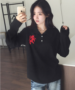 위젯 홀스 로고 자수 오버핏 카라 PK 긴팔 티셔츠 블랙