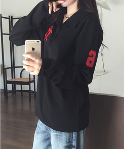 위젯 홀스 로고 자수 오버핏 카라 PK 긴팔 티셔츠 블랙