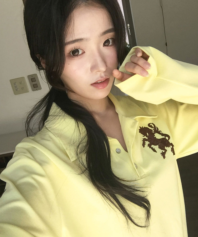 위젯 홀스 로고 자수 오버핏 카라 PK 긴팔 티셔츠 크림
