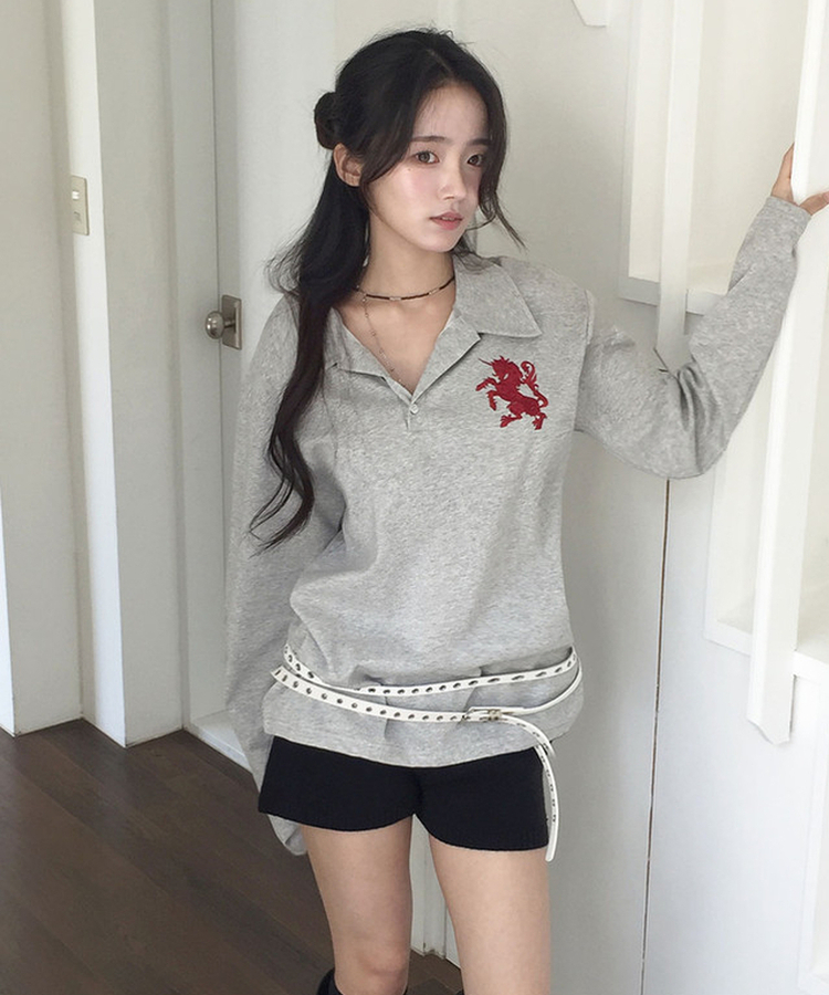 위젯 홀스 로고 자수 오버핏 카라 PK 긴팔 티셔츠 그레이