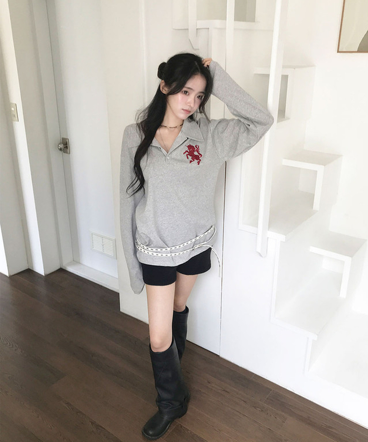 위젯 홀스 로고 자수 오버핏 카라 PK 긴팔 티셔츠 그레이
