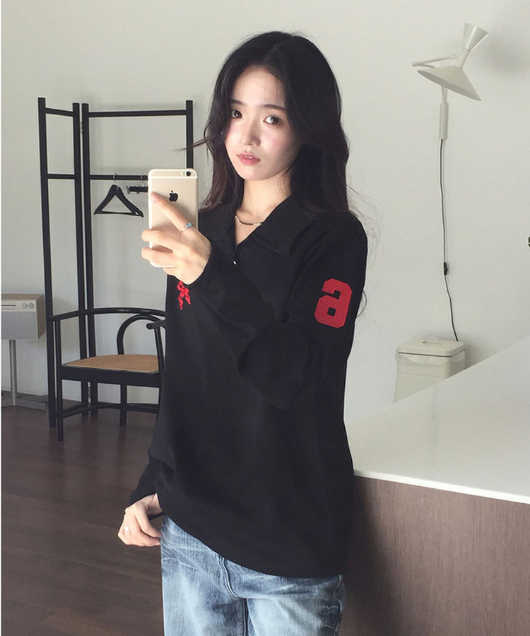 위젯 홀스 로고 자수 오버핏 카라 PK 긴팔 티셔츠 블랙