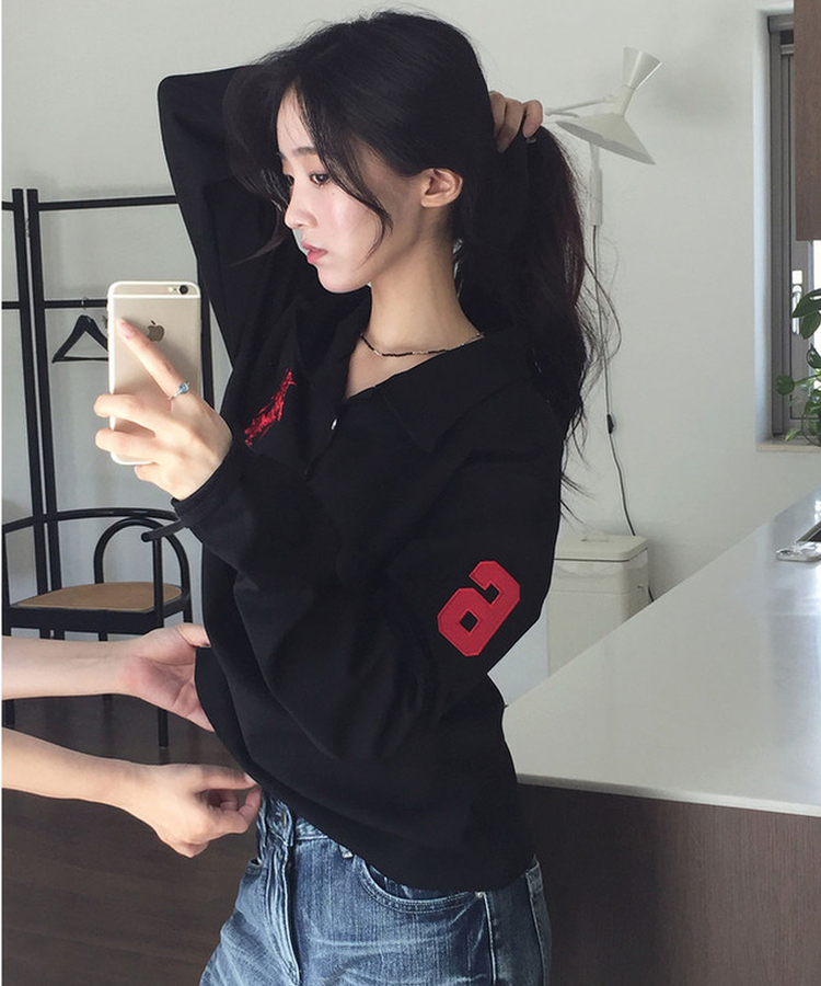 위젯 홀스 로고 자수 오버핏 카라 PK 긴팔 티셔츠 블랙