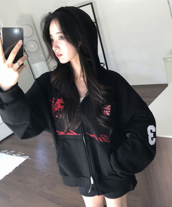 베하 홀스 로고 자수 오버핏 후드 집업 검정