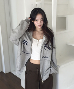 베하 홀스 로고 자수 오버핏 후드 집업 회색