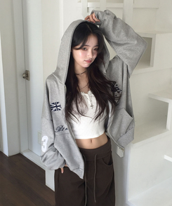 베하 홀스 로고 자수 오버핏 후드 집업 회색