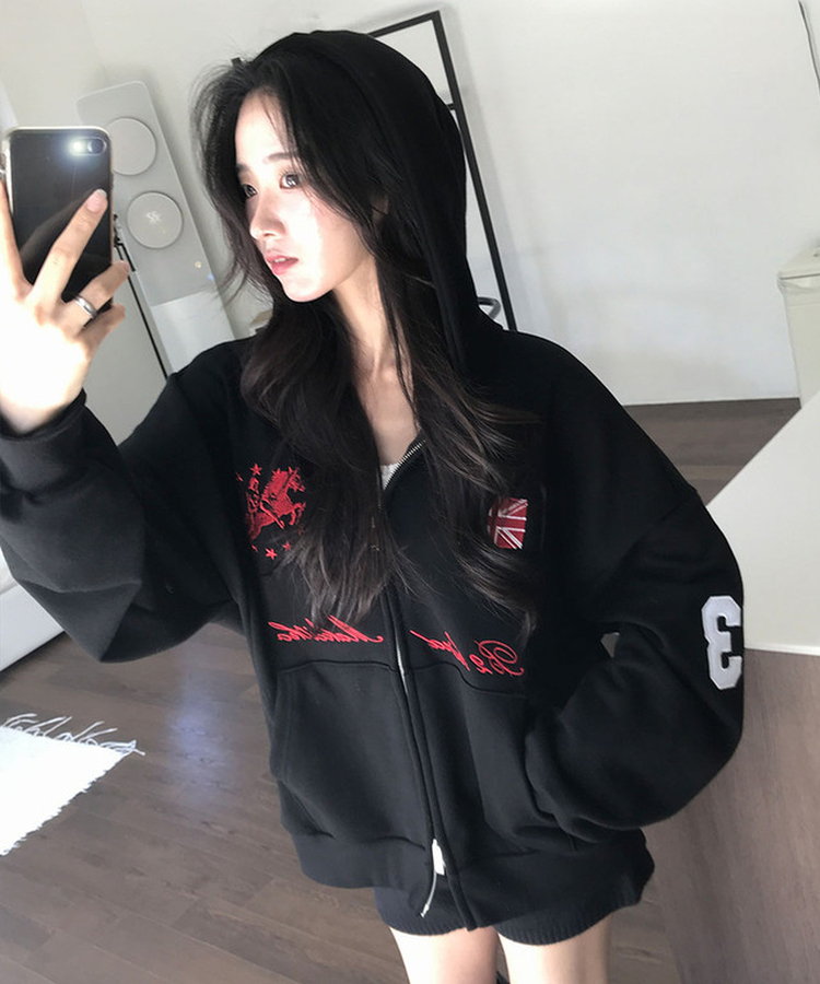 베하 홀스 로고 자수 오버핏 후드 집업 검정