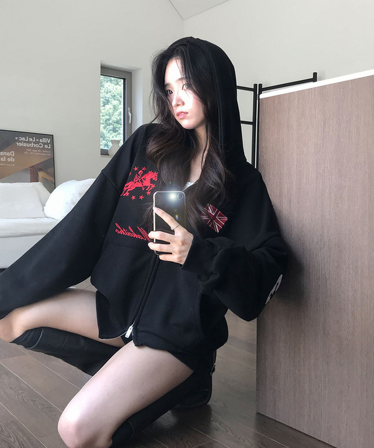 베하 홀스 로고 자수 오버핏 후드 집업 검정