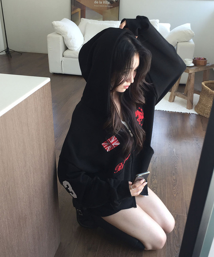 베하 홀스 로고 자수 오버핏 후드 집업 검정