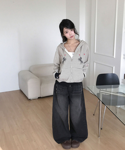 코르 스터드 비즈 워싱 와이드 데님 롱 팬츠 워싱블랙