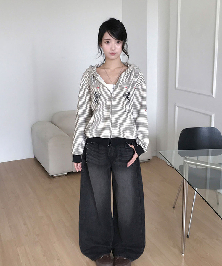 코르 스터드 비즈 워싱 와이드 데님 롱 팬츠 워싱블랙