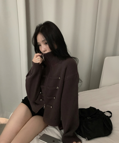 엠버 나폴레옹 하이넥 투웨이 니트집업가디건 브라운