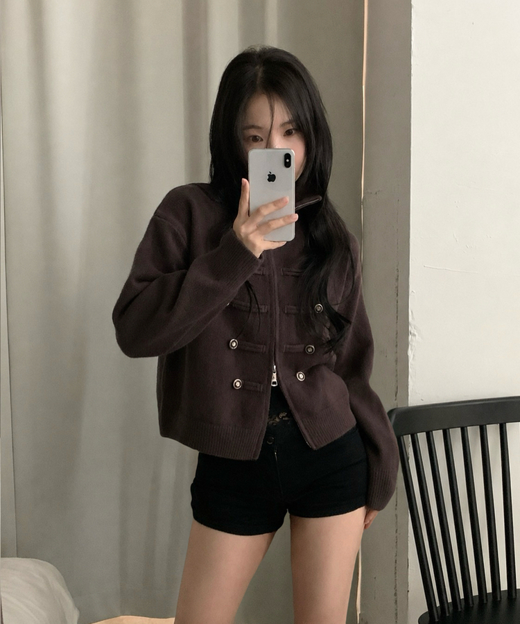엠버 나폴레옹 하이넥 투웨이 니트집업가디건 브라운