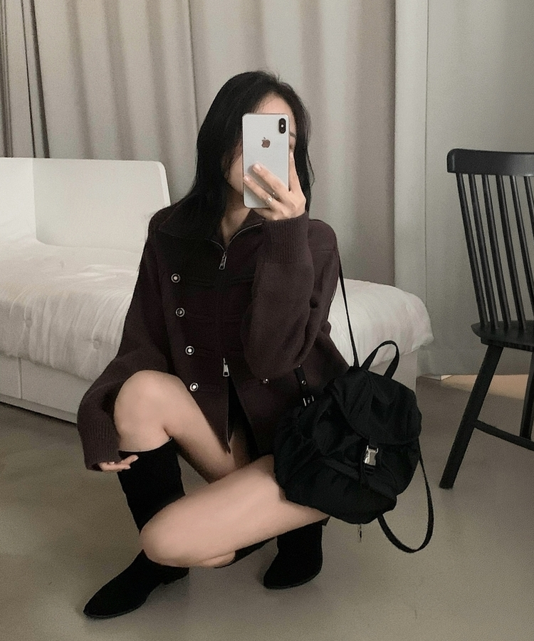 엠버 나폴레옹 하이넥 투웨이 니트집업가디건 브라운