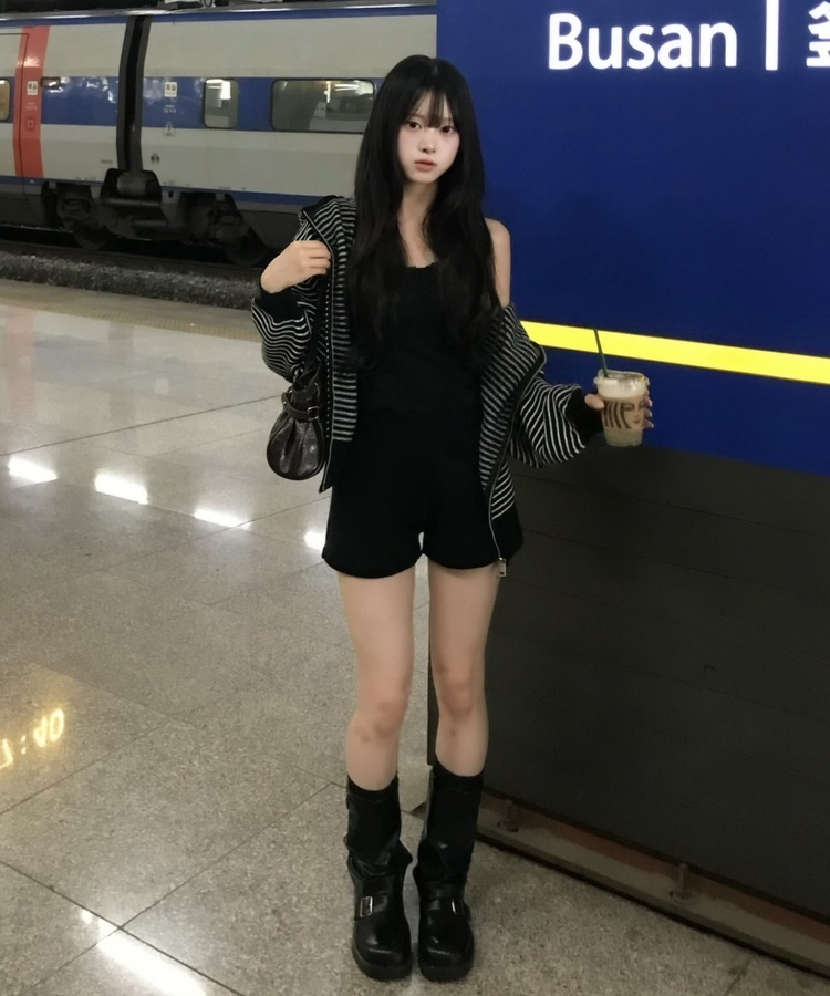 스트라이프 니트 후드집업 검정