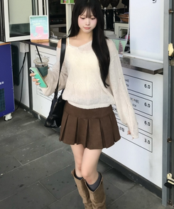 스웨이드 플리츠 미니스커트 밤색