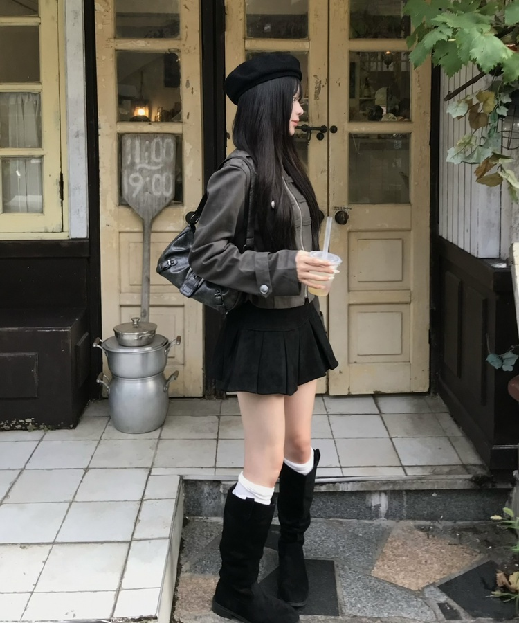 스웨이드 플리츠 미니스커트 검정