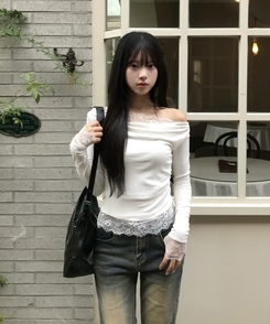 레이스 오프숄더 긴팔 T셔츠 아이