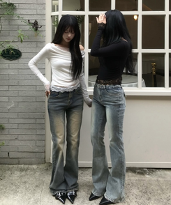 레이스 오프숄더 긴팔 T셔츠 블랙