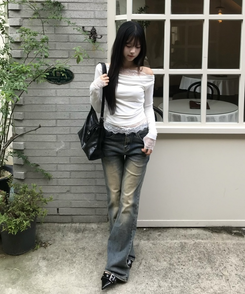 레이스 오프숄더 긴팔 T셔츠 아이