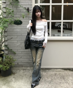 레이스 오프숄더 긴팔 T셔츠 아이