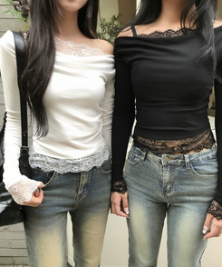 레이스 오프숄더 긴팔 T셔츠 블랙