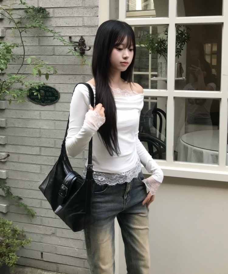 레이스 오프숄더 긴팔 T셔츠 아이