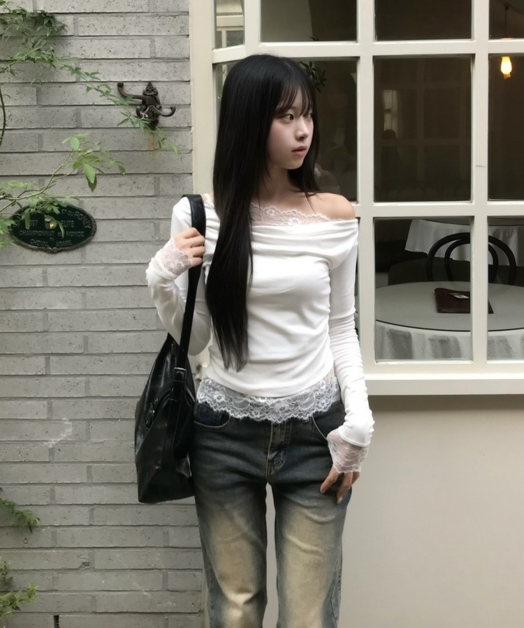 레이스 오프숄더 긴팔 T셔츠 아이