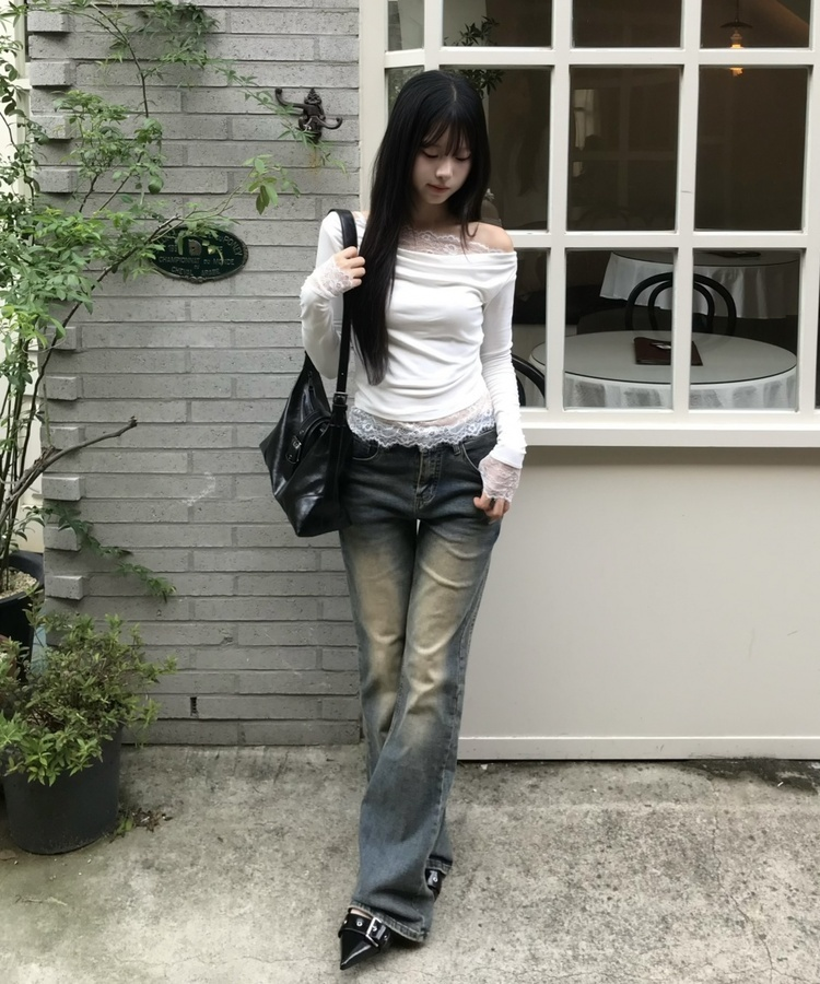 레이스 오프숄더 긴팔 T셔츠 아이