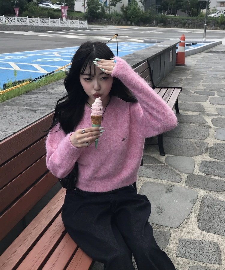 【단독상품】비비드 컬러 크롭 니트 핑크
