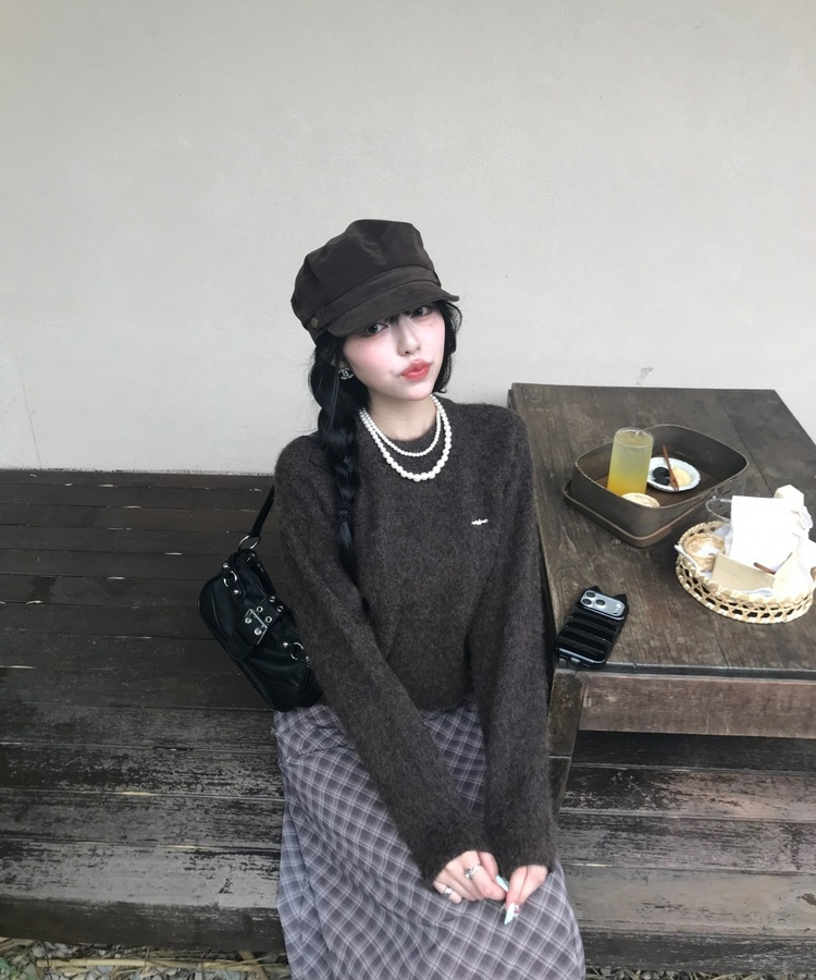 【단독상품】비비드 컬러 크롭 니트 밤색