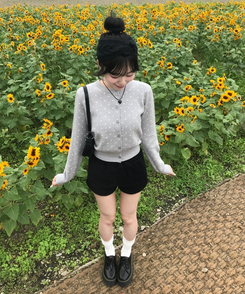 【단독상품】도트 베이직 가디건 회색
